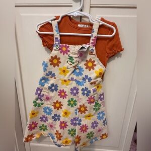 Rare Editions Orange Top with Cream Floral Overalls
